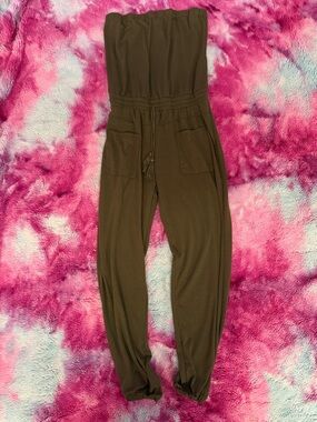 Strapless Olive Green Knit Jumpsuit with Drawstring Waist